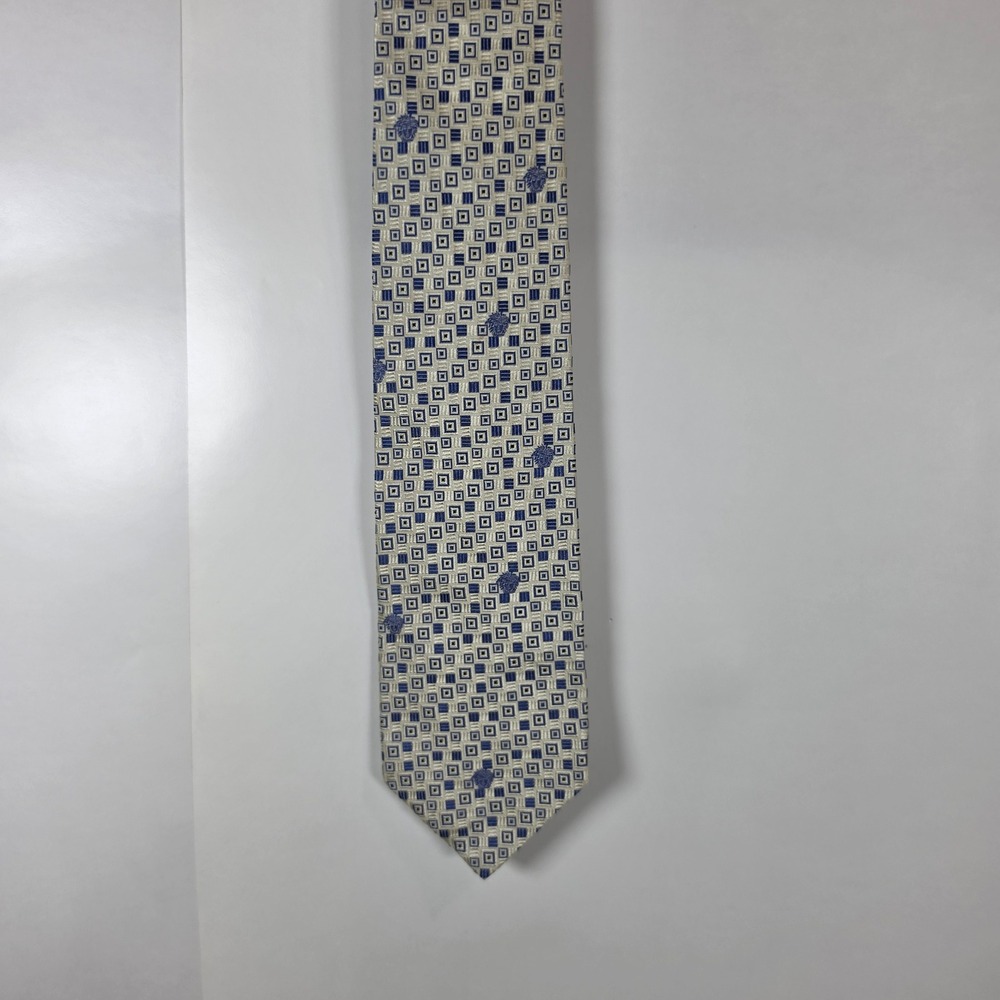 Gianni Versace‎ Vintage Mens Silk Tie Blue Cream Geometric Square Medusa Pattern